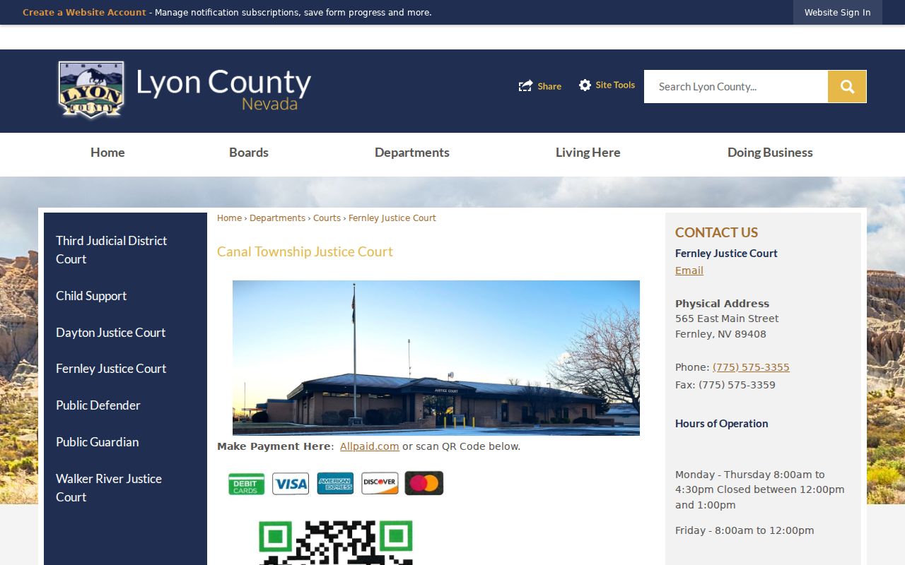 Fernley Canal Justice Court contact page