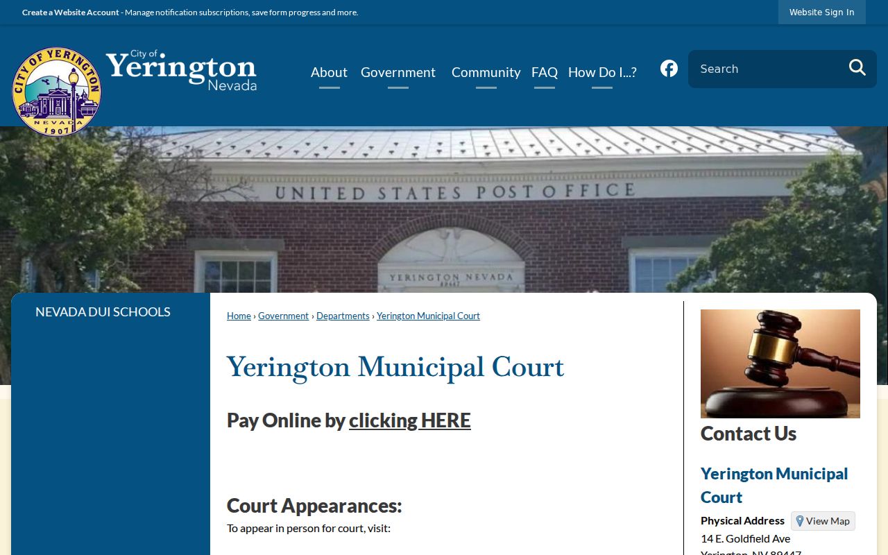 Yerington Municipal Court hearing and payment information