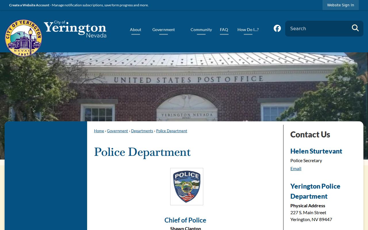 Yerington Police Department official contact page