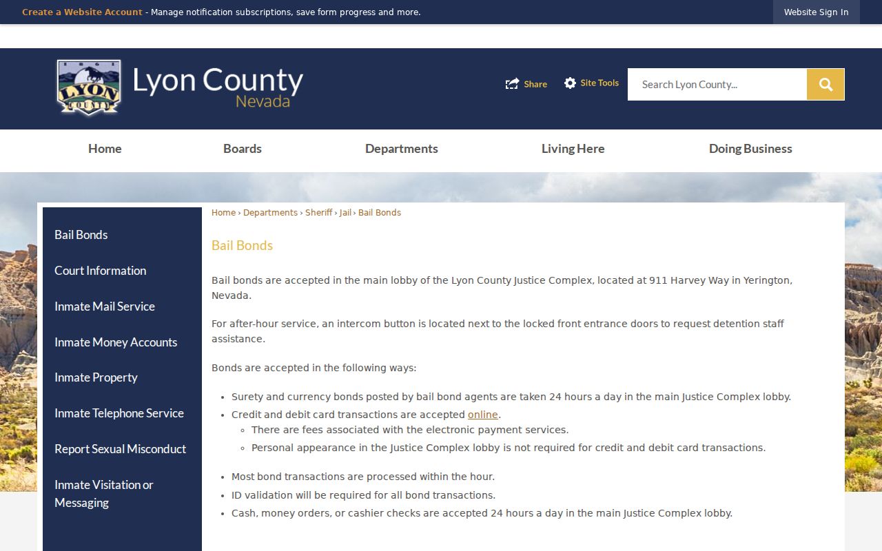 Lyon County Justice Complex bail and bond page