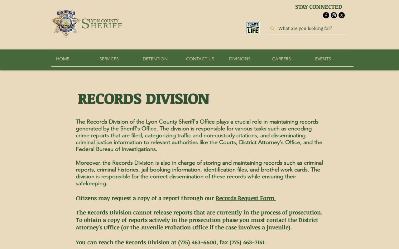 Lyon County Sheriff's Office Records Division page